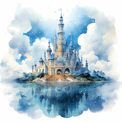 high detailed blue watercolor castle illustration
