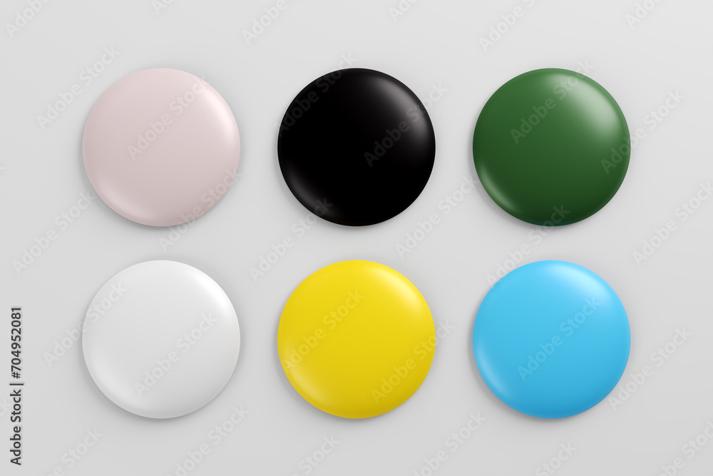 Poster set of colorful glossy round badges or buttons in various colors for graphic design.