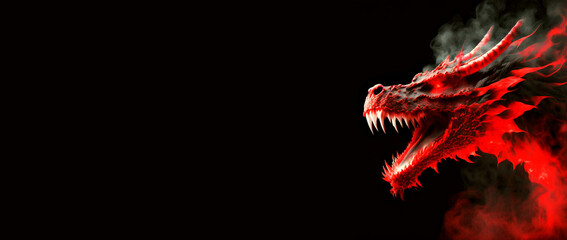 Closeup of a red dragon head with open jaws and smoke, on a black background with copy space. Generative Ai.