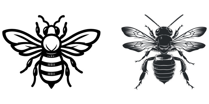 Honey bee black silhouette set, vector illustration.