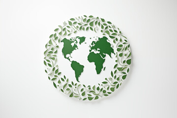 Planeta terra verde com folhas verdes ao redor - Tema preservação e reciclagem isolado no fundo branco