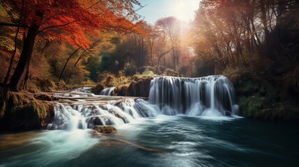 beautiful waterfall view in autumn