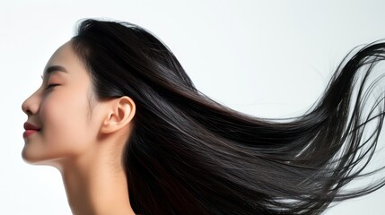 A close-up side profile portrait highlighting the beauty of an Asian woman with perfectly styled hair and a flawless face structure. Isolated on a white background.