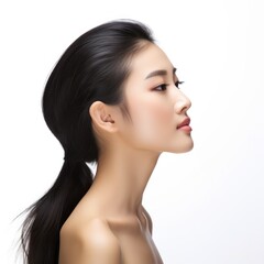  Asian woman in a captivating close-up side profile portrait, highlighting her flawless facial contours and elegant hair, set against a pristine white background.