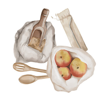 Watercolor eco friendly items - eco bags for kitchen, bamboo spoon, metal starw