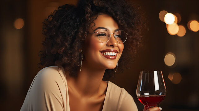 Woman In The Cafe With Red Wine In The Glasses Celebrating  Alone, Romance, Dating Valentine Day, International Women Day, 8 March, 14 February, Easter, Mother Day, Birthday Party