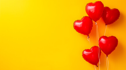 Red heart shaped balloons on yellow background, flat lay with space for text. Saint Valentine's day celebration