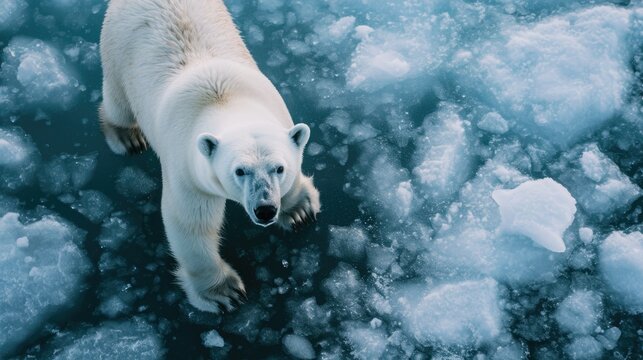 Big beautiful polar bear walking in arctic. Wild white animal look at camera aerial view. Bird eye drone shot. Adult bear sit on iceberg at cold north. Endangered species. Protect save planet concept.