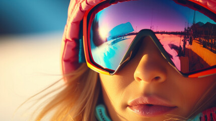 Extreme close-up of a woman's face with ski goggles that reflect a vibrant winter scene and ski slope, highlighting active winter holidays.