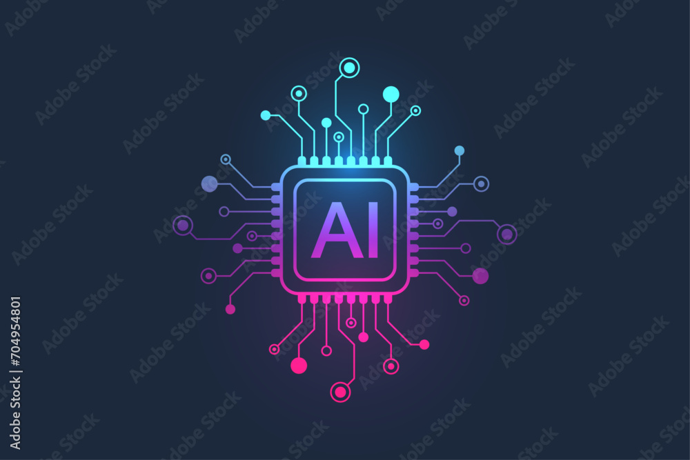 Poster Artificial intelligence icon, sign, logo in the circuit line style. AI processor vector icon flat design. Motherboard digital chip AI. Machine learning design.