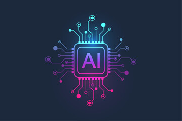 Artificial intelligence icon, sign, logo in the circuit line style. AI processor vector icon flat design. Motherboard digital chip AI. Machine learning design.