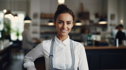 Obraz premium Portrait of a confident female barista in a white shirt and apron, smiling at a modern coffee shop with blurred background.