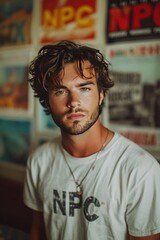 Obraz premium handsome man in his mid 20s stood in front of posters in bedroom, white t shirt that says 