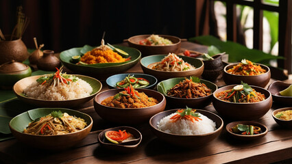 Rice Thai dishes on a wooden table. From curries to stir-fries, capture the delicious harmony from a side view