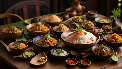 Rice Thai dishes on a wooden table. From curries to stir-fries, capture the delicious harmony from a side view