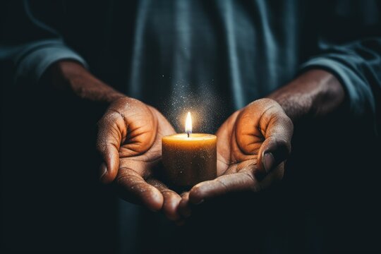 African American priest holding burning candle in the night. Candles in Christian church as catholic symbol. Abstract backdrop, religion concept