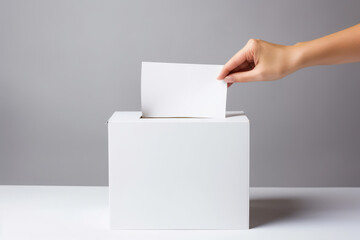 Symbolic Embrace of Democratic Choice: Man Putting Vote in Ballot Box on White Background