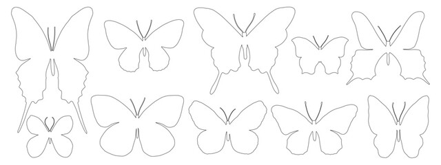 A set of linear sketches, contours of various butterflies.Vector graphics.