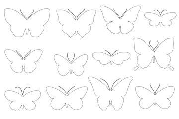 A set of linear sketches, contours of various butterflies.Vector graphics.