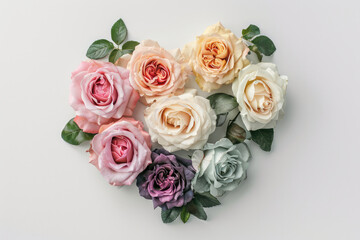 Pastel Roses Laid Out In Heart Shape On White Background Top View