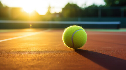 Closeup of tennis ball on empty court. Sunset, sun rays. Concept of a sporty lifestyle. Generative AI