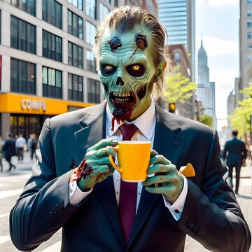 a photo of a zombie wearing a suit, in the city, drinking coffee