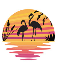 Two flamingos standing against a backdrop of a sunset