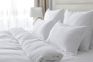 beautiful bed in a hotel room with white pillows - Powered by Adobe