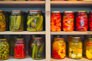 jars with preserved vegetables on shelves - obrazy, fototapety, plakaty