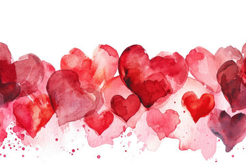 Watercolor Hearts On White Background, Forming Handdrawn Valentines Banner