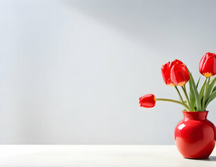 red tulips in a vase with space for copy