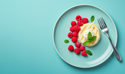 cottage cheese pancake on a plate with a handful of raspberries and ice cream. view from above. copy space - obrazy, fototapety, plakaty