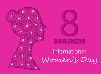 March 8. Pink card for International Women's Day. Cut out silhouette of woman and pink flowers