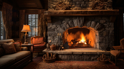 Stone fireplace with warm fire
