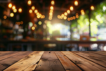 Wooden tabletop, bokeh background, blurred background of bar, cafe, restaurant