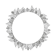 Hand drawn vector circle frame with hop plant, leaves and buds, craft beer ingredients, black and white illustration of wreath branch humulus lupulus, inked illustration isolated on white background