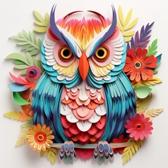 Obraz premium Vibrant kirigami owl, the colorful owl in a flower, leaf an Isolated White background of kirigami style