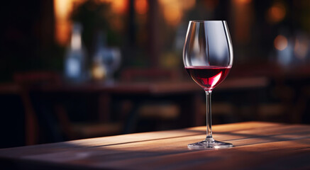 Elegant glass of red wine on blurred bar background. Wine industry concept. Generative AI