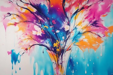 A painting colored with acrylic pouring techniques to create a fluid, abstract background filled with blurred flower shapes.