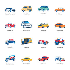 Set of Old Vehicles Flat Icons 

