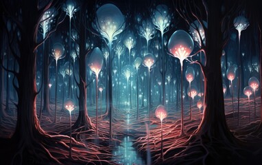 A surreal portrait of a fantastical forest where bioluminescent bulbs illuminate the trees. - obrazy, fototapety, plakaty