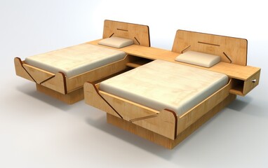 Plywood double beds with integrated nightstands.