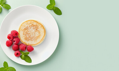 pancake on a plate with a handful of raspberries and mint. view from above. copy space - obrazy, fototapety, plakaty