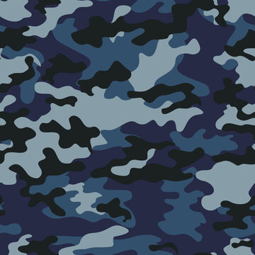 Military camouflage seamless blue background, repeat pattern, vector