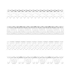 Set of white seamless lace borders with shadows, ornamental paper lines,