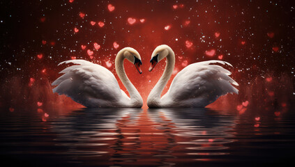 Graceful Serenity: A Romantic Swan Couple Reflecting Love in the Calm Waters of a Beautiful Lake - obrazy, fototapety, plakaty
