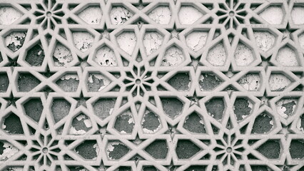 Relief Pattern Old Weathered Cracked Whitewashed Wall. Architecture Decorative Detail Close Up. Vintage Style