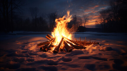 Bonfire in the winter forest at night. Beautiful winter landscape. - obrazy, fototapety, plakaty