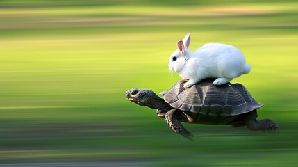 realistic illustration of a white rabbit on a speeding turtles