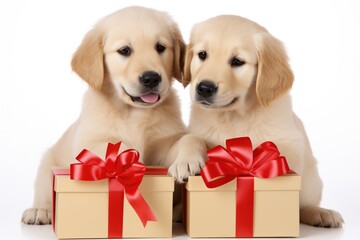 A cute lover valentine puppy dog couple with a gift box